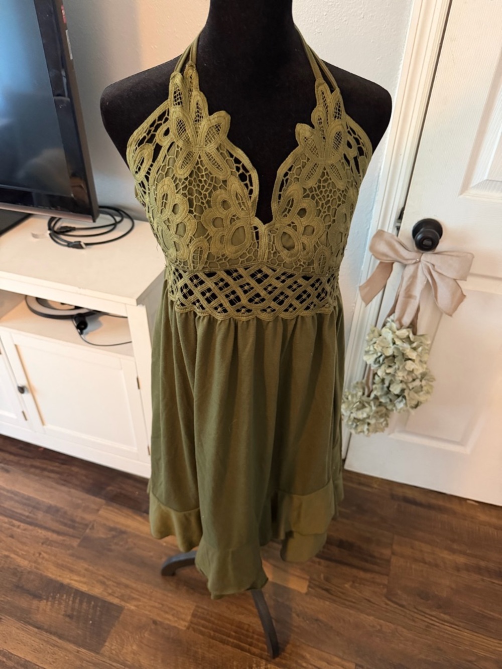 Crochet Halter Backless Dress in Olive Green